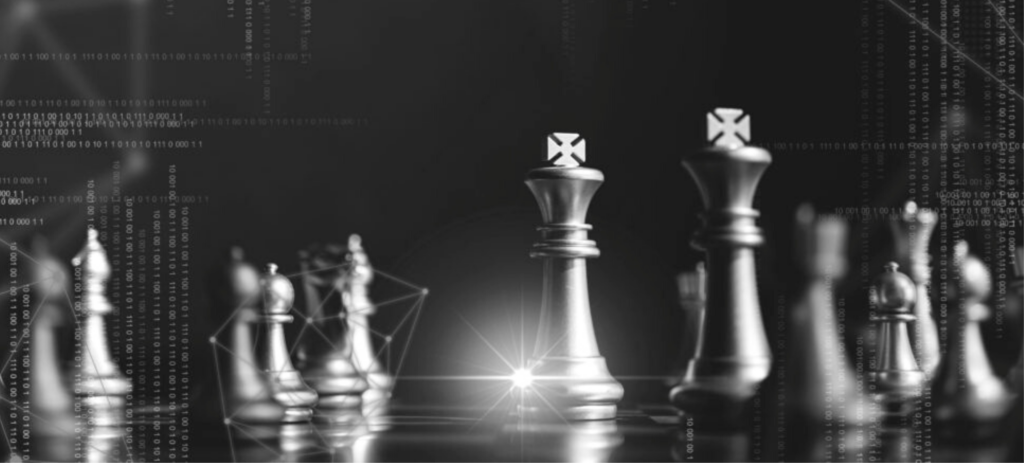 Chess pieces on a board in black and white signifying data strategy